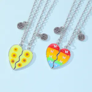 Wannee Children Jewelry Set BFF Broken Heart Pendant Necklaces Best Friend Necklace Oil Drop Enamel Fruits Butterfly Necklace