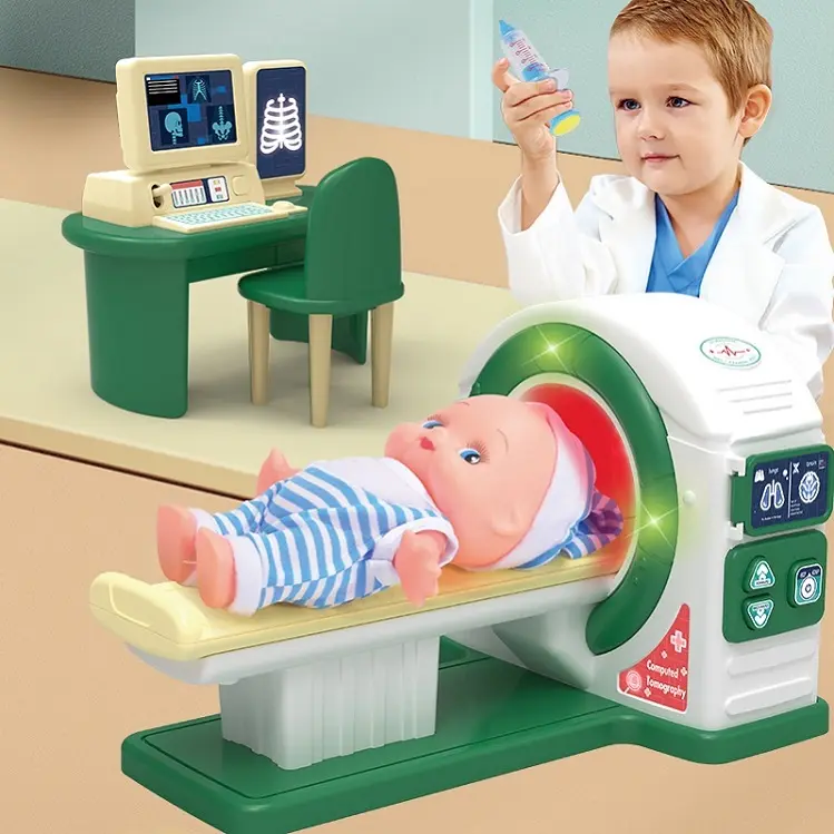 Kids educational gift hospital CT scan machine medical sound light doctor play set toy with doll