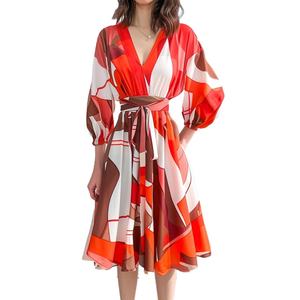 Robes longues décontractées pour femmes, personnalisées, de haute qualité, avec imprimé floral, col varié, manches longues et courtes, taille ajustée, vente en gros - Product Image 2