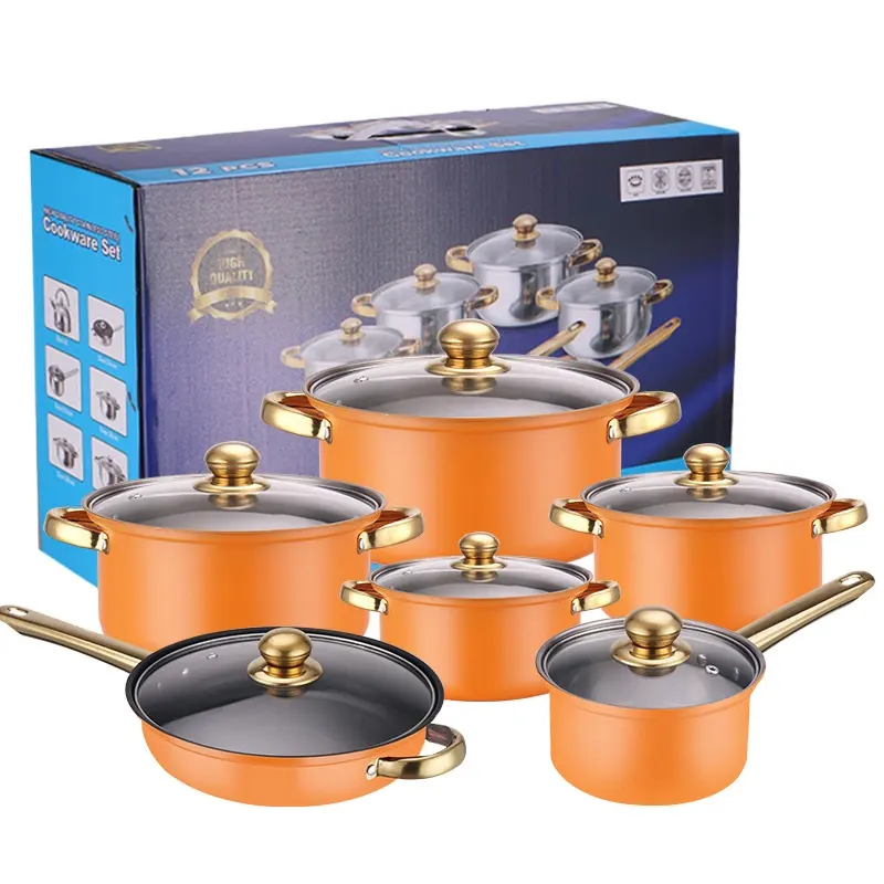 Export Colorful Stainless Steel Pot Non-Stick Pan 12-Piece Gold-Plated Handle Stainless Pots Set