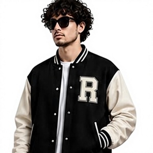 Blouson universitaire d'hiver pour homme en laine tricotée, col montant, patchwork, impression sérigraphiée sur le devant, personnalisable pour équipe, respirant, pour l'extérieur - Product Image 1