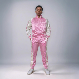 Conjunto Deportivo de Satén Rosa para Hombre, Manga Larga, Color Sólido, Pantalones Deportivos Casuales con Bolsillos Laterales, Corte Regular, Ropa de Primavera - Product Image 1