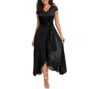 Vestidos al por mayor <span class=keywords><strong>para</strong></span> mujer: <span class=keywords><strong>Vestido</strong></span> <span class=keywords><strong>de</strong></span> fiesta <span class=keywords><strong>de</strong></span> moda con encaje <span class=keywords><strong>de</strong></span> gasa, cuello en V, manga corta y malla superpuesta hasta el tobillo - Product Image 4