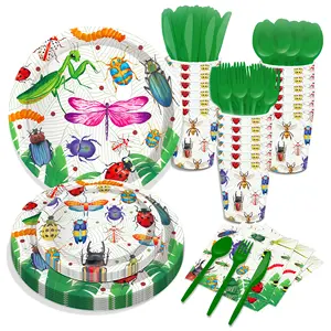 Huancai Insetto a tema usa e getta da tavola set coccinella libellula piatti di carta tazze tovaglioli per bambini forniture per feste di compleanno