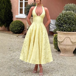 CA0026 Nuovo Corsetto Bianco in Jacquard con Scollo a V, Schiena Scoperta, <span class=keywords><strong>Senza</strong></span> Maniche, con Lacci, Elegante Abito da Sera Lungo Midi per <span class=keywords><strong>Donne</strong></span> e Signore - Product Image 3