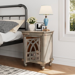 Comodino in Legno Grigio Antico con Anta Intagliata e Vano Portaoggetti per Camera da Letto - Product Image 1