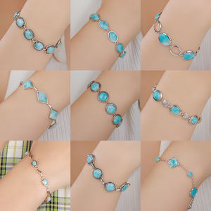 Pulseras Larimar de Plata de Ley 925, puños de Metal martillado con gemas cortadas en Drusy, cadena fina y artesanía texturizada de eslabones - Product Image 3