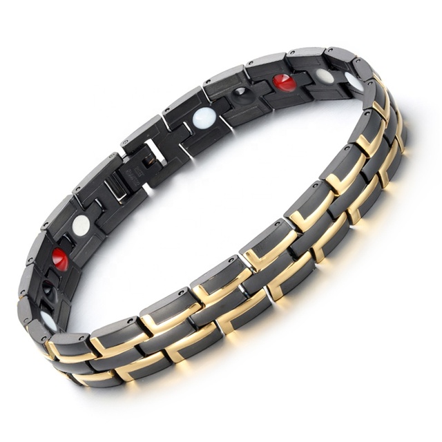 Stainless Steel Negative Ion Bio Energy Magnetic Black and Gold Two Tone Color Titanium Steel Health Therapy Bracelet