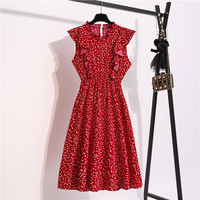 Nouvelle Robe Longue Élégante à Volants et Imprimé Cœur à Pois pour Femme – Sans Manches, Taille Haute, Printemps-Automne, Rouge