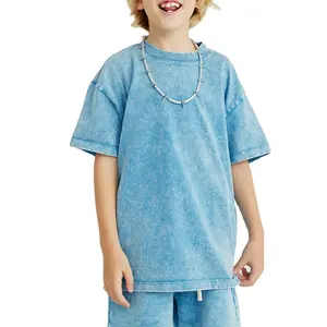 T-shirt d'été en coton lourd et épais pour garçon, broderie personnalisée, blanc, surdimensionné, enfants, lavage à l'acide, Vintage, 2023