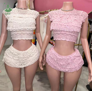 Fırfır 2 parça dantelli kısa Set moda zarif Streetwear Casual kadın yaz katı Y2K tüvit etek bayanlar için Set - Product Image 1