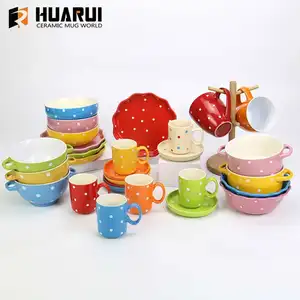 Bright Polka Dot Colors Polka Dot Coffee Mugs Set 16oz Flat Bottom Porcelain Dinnerware