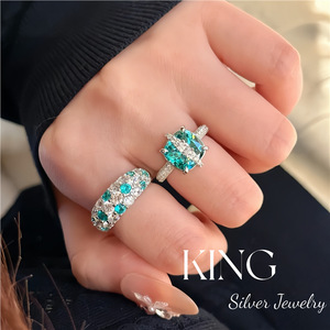 Anillo de Plata de Ley S925 con Piedras Azules Paraiba en Engaste Pavé, Joyería de Moda para Mujer, Uso Diario - Product Image 3