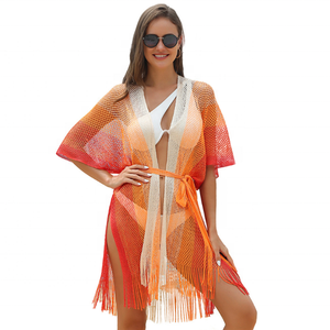 2024 femmes dégradé Bikini plage couvrir robe mode franges fendu tricoté crochet évidé vacances vêtements de plage avec <span class=keywords><strong>ceinture</strong></span> - Product Image 2