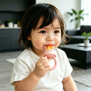 Mordillon à fruits en silicone personnalisé avec logo pour bébé, distributeur de nourriture fraîche avec 3 pochettes de rechange, jouet de dentition pour nourrisson, vente en gros - Product Image 6