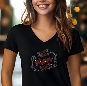 Échantillon gratuit T-shirt en coton personnalisé pour femmes avec un merveilleux motif Cheer Mom Ready avec strass et paillettes - Product Image 4