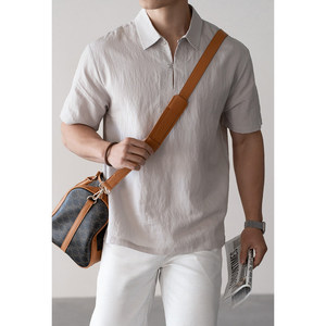 <strong>2026</strong> Summer Men's Old Money Style Solid Casual Shirt Linen Lyocell Nylon Blend Half-Placket Textured Short Sleeve Cooling <strong>Polo</strong> - Product Image 3
