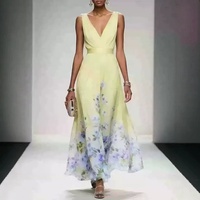 Gaun Malam Wanita Eropa Amerika 2026 Bermotif V-Neck Panjang Menyentuh Lantai Model Bodycon Tanpa Lengan Cepat Kering