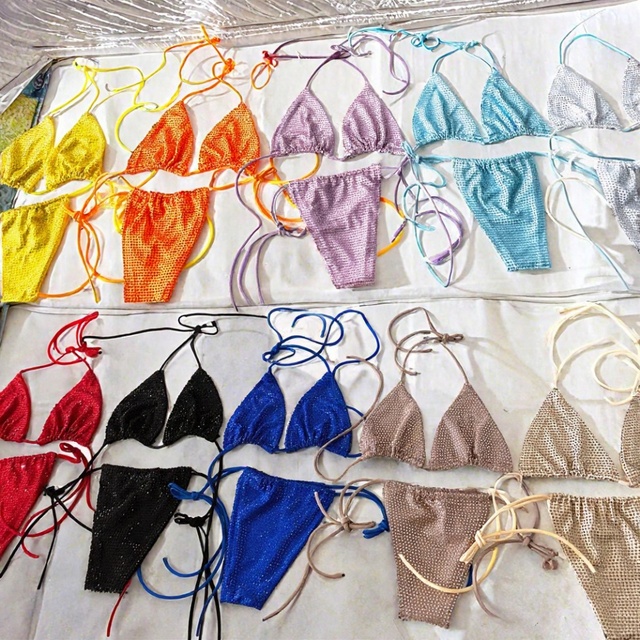 Custom Designed Women's Full Crystal Embellished Brazilian Bikini Summer Sexy Shining Diamond Swimsuit with Solid Pattern