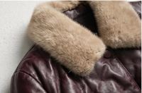 Veste en cuir d'agneau bordeaux de luxe avec col en fourrure de vison, doudoune matelassée pour femmes