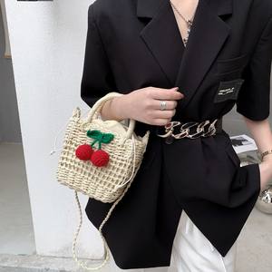 <span class=keywords><strong>Sacs</strong></span> à bandoulière en paille faits à la main 2022, sac de plage tissé avec cerise - Product Image 4