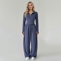Ensemble de survêtement décontracté 2 pièces pour femme : haut court à manches longues avec demi-zip et pantalon de jogging large