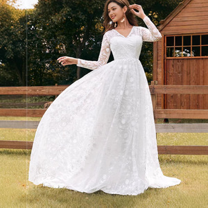 Vestido de Novia Blanco de Encaje con Cuello en V y Manga Larga, Corte en A, Cintura Natural, Tela de Poliéster - Product Image 1