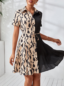 Robe d'été style européen et américain, color-block, à manches courtes, sans col, coupe ajustée, avec ceinture à nouer, type cardigan - Product Image 4