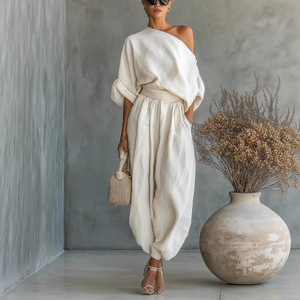 Top casual ampio e vestibilità comoda con <span class=keywords><strong>pantaloni</strong></span> a gamba larga <span class=keywords><strong>in</strong></span> cotone e <span class=keywords><strong>lino</strong></span> - Product Image 3