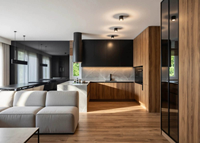 Meubles de cuisine modulaires modernes, portes en MDF finition brillante/mate, panneaux en panneaux de particules, plan de travail en bois résistant à l'eau et facile à nettoyer