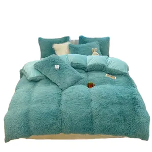 Long Rabbit Fur Comforter Set Four-Piece Milk Velvet Bed Sheets Duvet Covers Pillow 100 %Polyester