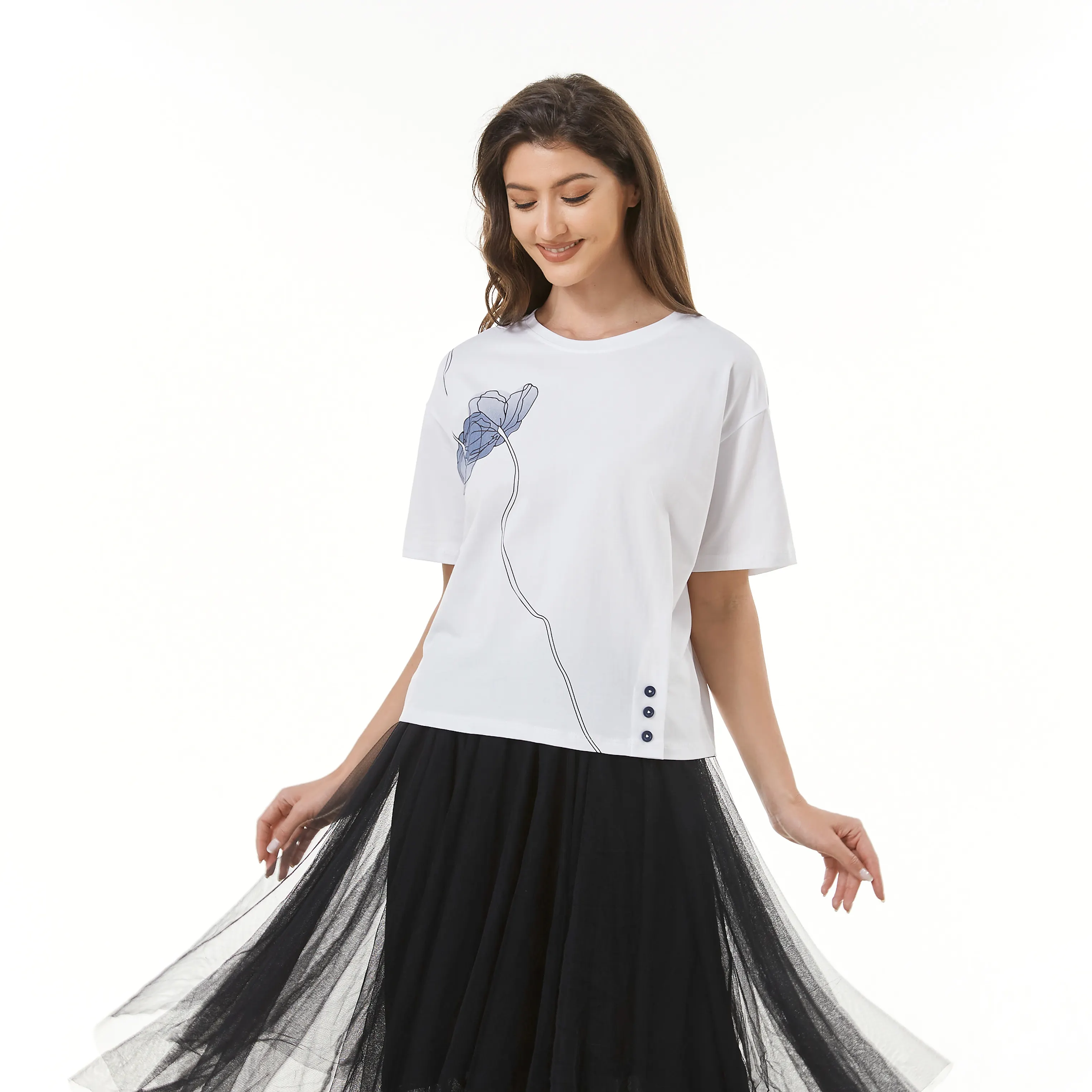 Cotton tops Fashion Hot Sale New design Drop shoulder Round neck Women's t-shirts