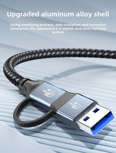 2-in-1 USB 3.2 Gen 2x2 Cable 20Gbps Data Transfer 100W PD Fast Charging Braided USB-A/C to USB-C for SSD Computer Pro