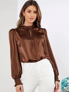 Blusa Elegante <span class=keywords><strong>de</strong></span> Color Sólido con Cuello Alto, Manga Larga, Cordones y Satén Lavable, Estilo Europeo Americano, Nueva y Linda - Product Image 2