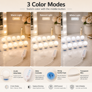 USB <b>LED</b> Vanity <b>Mirror</b> Light with Suction Cups 10 Bulbs 3 Light Colors Dimmable Makeup <b>Mirror</b> Lighting Kit - Product Image 2