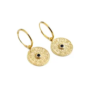 Vintage Retro 18K Gold Plated Hoop Earrings Fine Jewelry 925 Sterling Silver Unique Coin Compass Dangle Earrings For Women