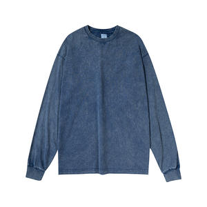 T-shirts en coton à manches longues pour hommes, poids lourd, col rond, lavage à l'acide, coupe ample, vente en gros W0516 - Product Image 2