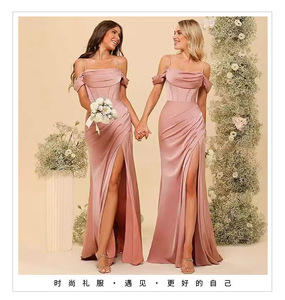 Robe de Demoiselle d'Honneur la Plus Vendue, Robe de Soirée Élégante et Sexy à Bretelles Fines, Épaules Dénudées, Sans Bretelles, Fente Haute - Product Image 4