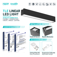 Suspension LED linéaire modulaire 4FT 50W 6250lm, CCT réglable, dimmable 0-10V pour grands bureaux