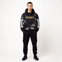 Sweat à capuche personnalisé 100 % coton, broderie graffiti printemps, design imprimé feuille d'or, pull-over homme 380 g/m², dessiné à la main, délavé à l'acide