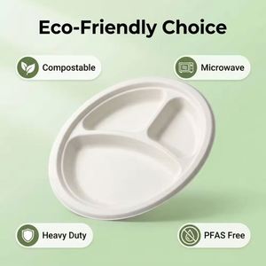 Assiette jetable biodégradable personnalisable à 3 compartiments en bagasse de canne à sucre, disponible en stock, pour fêtes et dîners - Product Image 4
