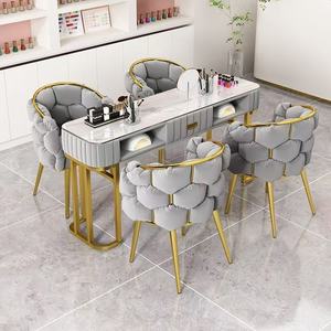 Table de manucure avec plateau en marbre, tiroirs collecteurs de poussière, pieds dorés, mobilier moderne et écologique pour salon de manucure et salon de beauté - Product Image 2