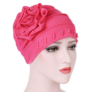 Turban musulman tendance à fleurs et perles, couleur unie, pour femme indienne, bonnets hijab prêts à porter, sous-hijabs - Product Image 2