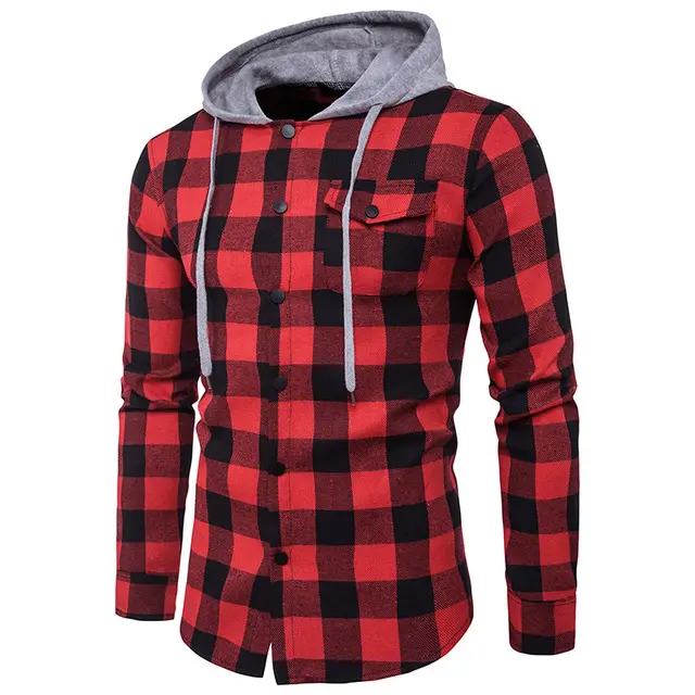 OEM fashion100% cotton shirt long sleeve elegant wholesale for Men check shirts snap button red and black hooded shirt