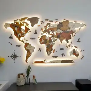 Hot Selling Brown Color Wood Map Home Art Layered LED Wall 3D Wood World Map With light Housewarming Gift Wall Art Decor
