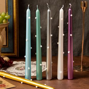 Bougies coniques métalliques avec décorations à pois faites à la main, bougies de dîner longues non parfumées pour la décoration de table de mariage - Product Image 1