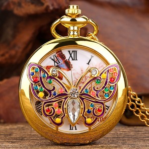 Top Luxury Gold Butterfly Crystal Diamond-encrusted Quartz Pocket Watch Elegant Women <strong>Retro</strong> Fob Chain <strong>Clock</strong> Charm Pendant Chain - Product Image 1