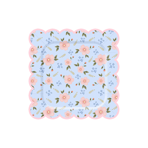 Ensemble d'assiettes en papier jetables DAMAI sur le thème du lapin et du panier de bambou, avec des petites fleurs roses et des bordures bleues ondulées, pour le festival de Pâques - Product Image 4