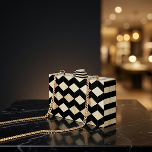 Luxury Handmade <b>Black</b> White Geometric Resin <b>Clutch</b> <b>Bag</b> with Gold Chain Strap <b>for</b> Women Handmade Evening Purse Unique Style - Product Image 1
