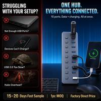 Hub USB 10 en 1 con Alimentación de 12V 4A, Interruptor de Encendido Individual, Puertos de Carga Inteligentes, 6 Puertos Estándar de 5Gbps, Aluminio, Plug and Play, Compatible con Mac y Linux